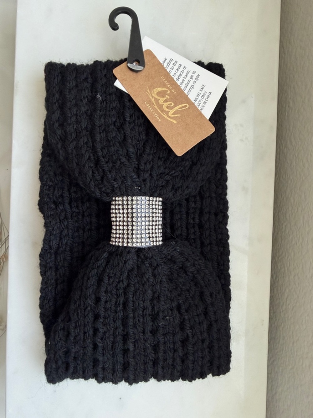 Black Knitted Headband with Rhinestone Accent -